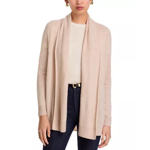 NWOT C by BLOOMINGDALES Cardigan Jacket M Cashmere Beige Open Long-Sleeve - Picture 1 of 10